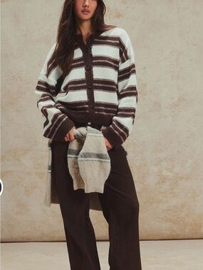 PrettyLittleThing Brown and Cream Striped Button-Up Cardigan